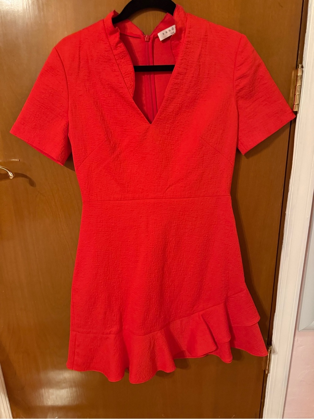 Textured Bright Red V-Neck Short Sleeve Mini Dress with Ruffle Hem